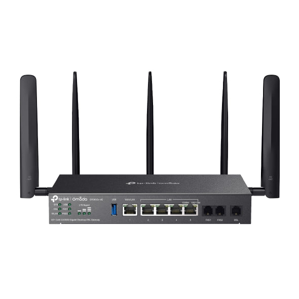 TP-Link DR3650v-4G Omada 4G+ Cat6 AX3000 Wi-Fi 6 Gigabit Desktop DSL Gateway ,574Mbps at 2.4 GHz + 2402 Mbps at 5 GHz (HE160) Wi-Fi Speed, VDSL Profil